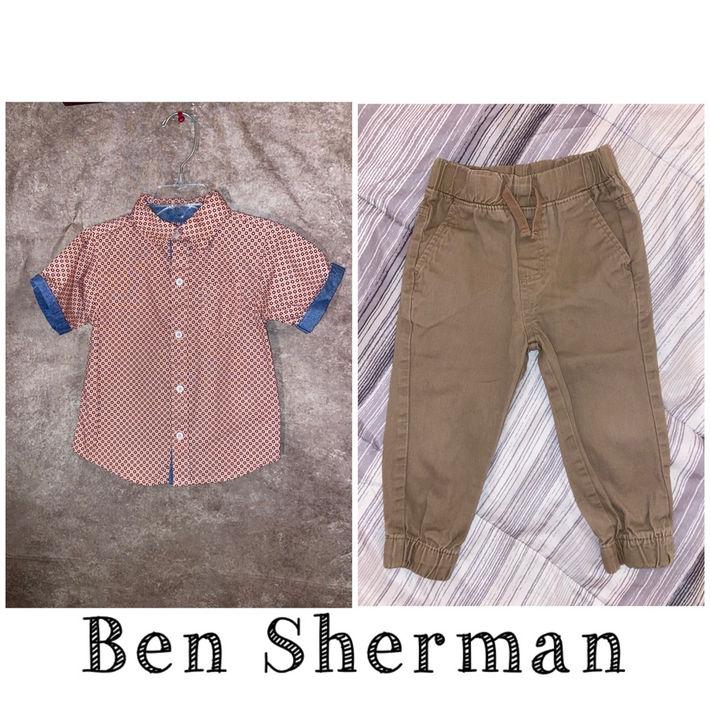 Ben Sherman Gingham Plaid Button Down Shirt & jogger set-Infant 18-24 months-EUC